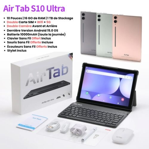 La tablette Airtab S10 Ultra – 1To + 16Go RAM, Double Carte Sim 5G, Wifi, clavier, souris & écouteurs