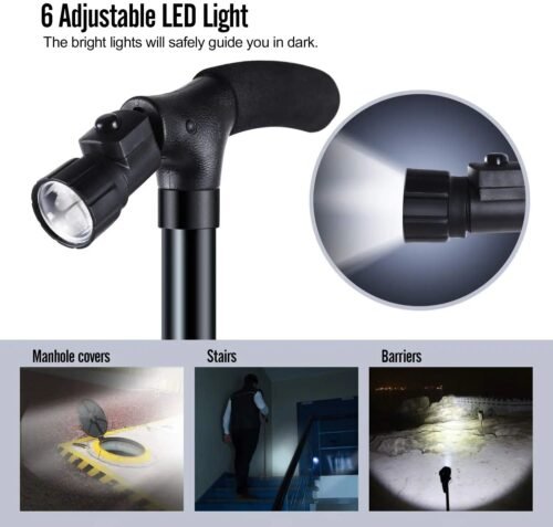 1 Canne de Marche Pliable Multifonctionnelle - Antidérapant réglable avec Lumière LED