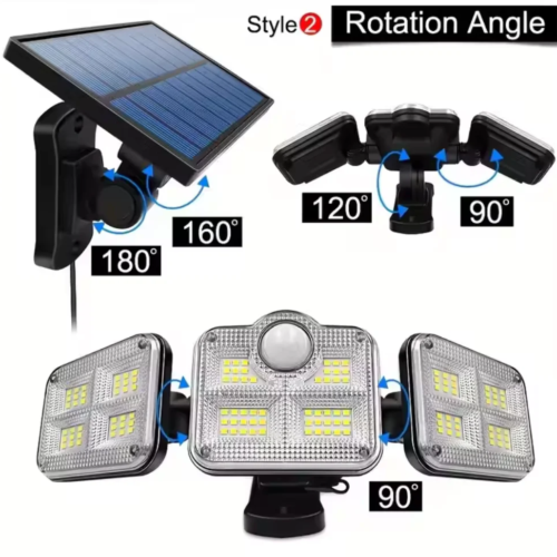 🔆 Éclairage Extérieur Solaire à 3 Têtes Orientables – 122 LED Ultra Puissantes, 🌧️ Étanche 🎛️, 3 Modess