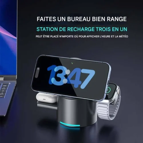 Station de charge magnétique sans fil rotative tactile en alliage d'aluminium, chargeur sans fil trois-en-un 15W à charge rapide