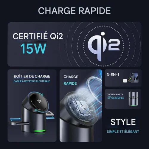 Station de charge magnétique sans fil rotative tactile en alliage d'aluminium, chargeur sans fil trois-en-un 15W à charge rapide