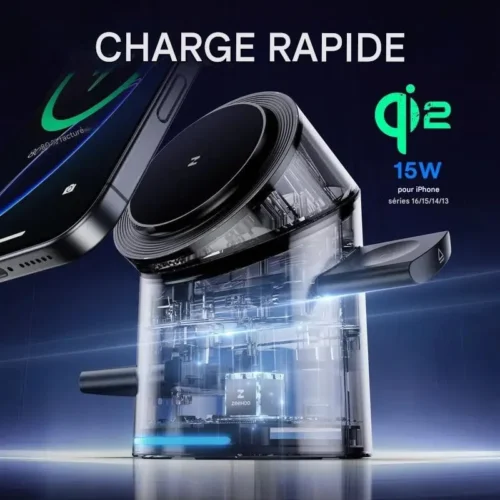 Station de charge magnétique sans fil rotative tactile en alliage d'aluminium, chargeur sans fil trois-en-un 15W à charge rapide