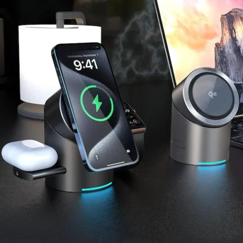 Station de charge magnétique sans fil rotative tactile en alliage d'aluminium, chargeur sans fil trois-en-un 15W à charge rapide