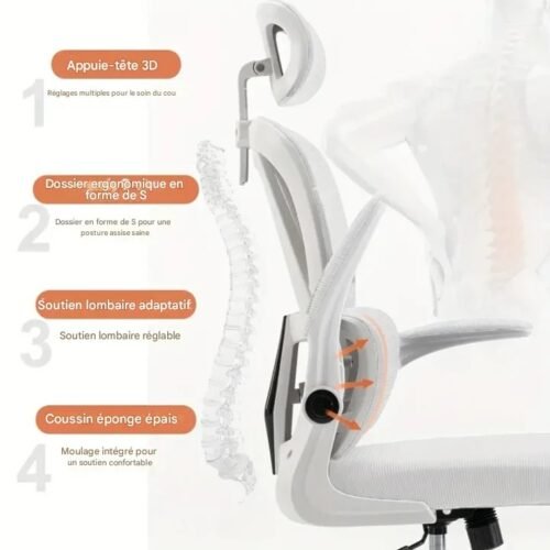Chaise de bureau ergonomique Supreme Comfort - Conception en maille à dossier haut avec support lombaire personnalisable et appui-tête moelleux
