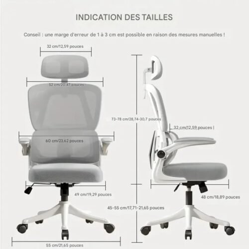 Chaise de bureau ergonomique Supreme Comfort - Conception en maille à dossier haut avec support lombaire personnalisable et appui-tête moelleux