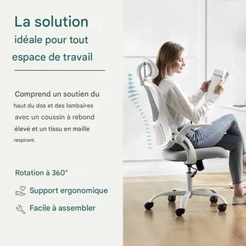 Chaise de bureau ergonomique Supreme Comfort - Conception en maille à dossier haut avec support lombaire personnalisable et appui-tête moelleux